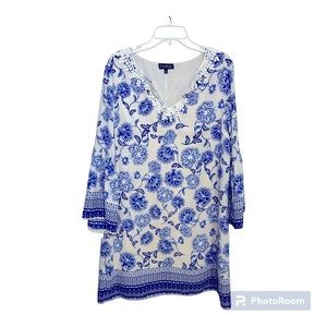 Luxology Tunic Dress Bell Sleeve V-Neck Lined Blues Floral, Size Large